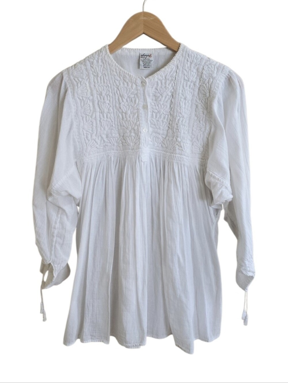 Vintage Abrazo 100% Cotton Boho White On White Embroidered Blouse. Size Medium